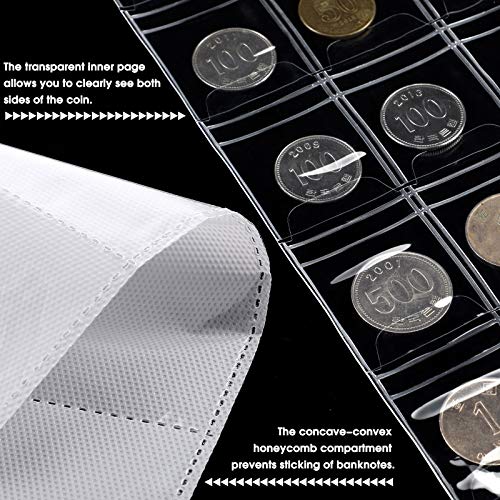 Coin Collecting Holder Album with 150 Coin Pockets and 240 Paper Currency Pockets, PU Leather Coins Collection Holder Penny Currency Storage Book (Brown)