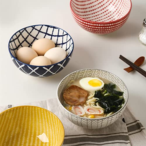HUIRUMM Ceramic Cereal Bowl, Set of 6 Vibrant Color Dessert Bowls,22 oz Porcelain Bowl Set,Oatmeal Bowls, Bowls for Soup, Salad, Rice, Ramen, Dessert, Rice, Noodle, Bowls for Kitchen, Assorted Designs