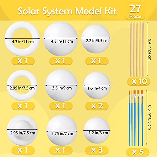 27 Pieces Solar System Model Kit Includes 12 Pieces Mixed Sized Foam Balls and 10 Pieces Long Bamboo Sticks and 5 Pieces Painting Brushes for Kids School Science Projects Arts and Crafts Supplies