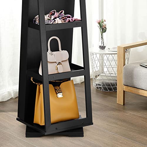 Mirror Jewellery Cabinet Standing Armoire Makeup Storage 360 Degree Rotating Wood Jewelry Organiser with Full Mirror Necklace Earring Ring Holders Black