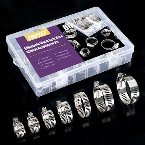 Swpeet 60Pcs Assorted Sizes Hose Clamps Kit 304 Stainless Steel Adjustable 6-38mm Range Worm Gear Hose Clamp Perfect for Plumbing Automotive and Mechanical Applications