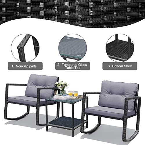 Costway 3 Pieces Patio Rocking Chair Outdoor Rattan Wicker Rocking Bistro Set w/Cushioned Seat, Conversation Set w/Glass Coffee Table and Storage Shelf for Balcony Porch Poolside (Grey)