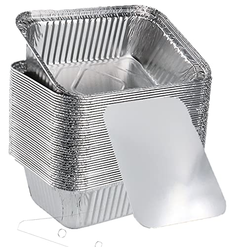 50pcs Foil Trays with Lid, 20.5x11x5.5cm Aluminium Foil Pan Disposable Food Containers Takeaway Box BBQ Oven Baking for Cooking, Heating, Storing(with Lid, 205 * 110 * 55mm /670ml)