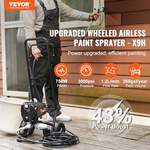 VEVOR Stand Airless Paint Sprayer, 750W 3000PSI High Efficiency Electric Airless Sprayer with Cart, Fine and Even Painting Effect, Paint Sprayers for Home Interior and Exterior Furniture and Fences