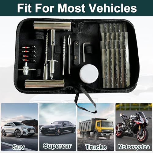 Universal Tire Repair Kit, 37PCS Tire Repair Tools, Heavy Duty Car Emergency Tool Kit for Flat Tire Puncture Repair, Tire Plug Kit Fit for Car, Motorcycle, Jeep, RV, ATV, SUV, Truck, Lawn Mower, etc.