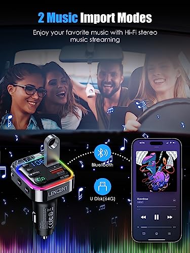 LENCENT Bluetooth 5.3 FM Transmitter,PD 30W & QC3.0 Fast Charger Bluetooth car Adapter,Hi-Fi Music/Clear Calling car FM Bluetooth Adapter