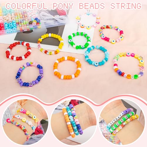 Clay Beads for Jewelry Making Kit, with Elastic String and Ropes, Including Pony Beads Alphabet Letter Beads Smiley Face Beads and Polymer Beads, Bracelet Making Kit for Girls and Adults