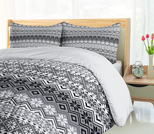 Ambesonne Grey Duvet Cover Set Twin Size, Nordic Snowflake Knit Patterns Scandinavian Motifs Traditional and Modern Print, Decorative 2 Piece Bedding Set with 1 Pillow Sham, Gray White Black