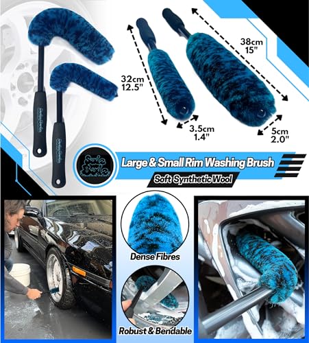 Sudz Budz® Deluxe Wheel Cleaning Set of 6 | No-Scratch, Bendable, Rim Washing Brushes Long/Short, Car Detailing and Tyre Brush, Shine Applicator, Plush Drying Towel. Easy Reach Kit to Detail Wheels