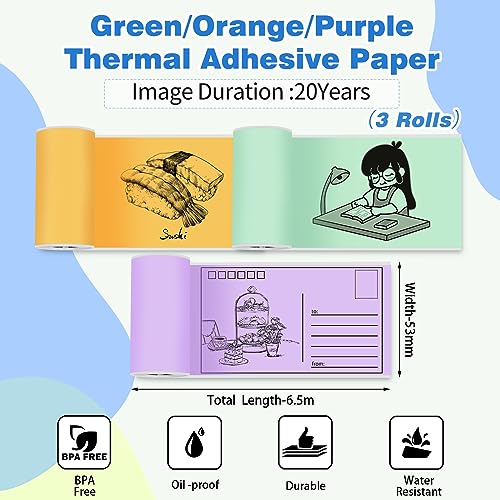 Zoolion Thermal Printer Paper, Colorful Self-Adhesive Thermal Paper Rolls, White Sticker Paper-for M02X/T02 Printer 20 Years Orange/Purple/Green Printer Paper, 50mm x 3.5m, 3 Rolls Set