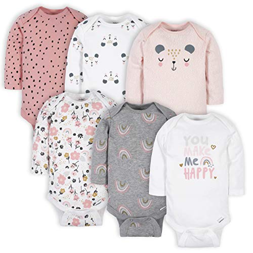 Gerber baby girls 6-pack Long-sleeve Onesies Bodysuits and Toddler T Shirt Set, Bear Pink, Newborn US