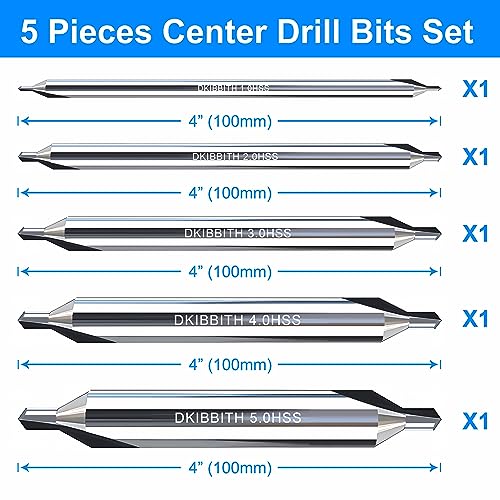 5pc Long Center Drill Bit Set, M2 HSS 60-Degree Angle 4'' Overall Length Center Drill Bits Kit, Countersink Tools for Metalworking Lathe Milling and Countersinking, Size 1.0 2.0 3.0 4.0 5.0