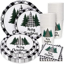 Whaline 100Pcs Christmas Tableware Set Buffalo Plaid Xmas Tree Disposable Dinnerware Set 50Pcs Paper Plates 25Pcs Napkin 25Pcs Cups for Christmas Theme Party Supplies Table Decorations