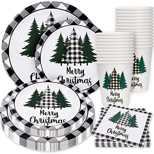 Whaline 100Pcs Christmas Tableware Set Buffalo Plaid Xmas Tree Disposable Dinnerware Set 50Pcs Paper Plates 25Pcs Napkin 25Pcs Cups for Christmas Theme Party Supplies Table Decorations