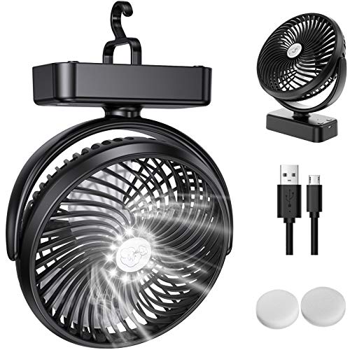 ZEBRE Portable Battery Camping Fan with LED Lantern - Rechargeable 5000mAh Battery Operated USB Desk Fan Kit with Hanging Hook for Tent Car