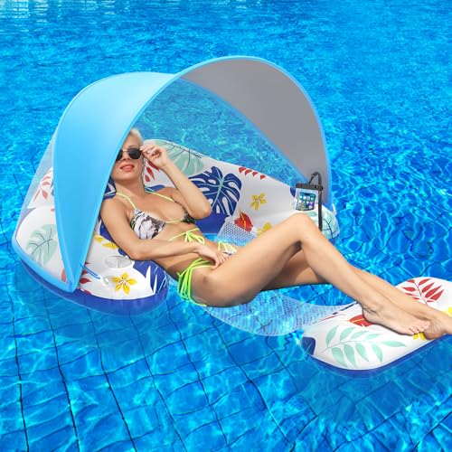 LAYCOL Premium Pool Floats Adult with Canopy - Stylish Pool Lounger - Heavy Duty pool floaties for Adults - Beach Floats pool chair swimming pool accessories for women floating with Cup phone Holder