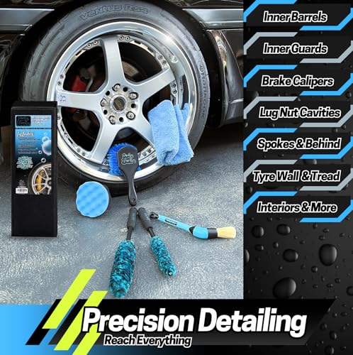 Sudz Budz® Deluxe Wheel Cleaning Set of 6 | No-Scratch, Bendable, Rim Washing Brushes Long/Short, Car Detailing and Tyre Brush, Shine Applicator, Plush Drying Towel. Easy Reach Kit to Detail Wheels