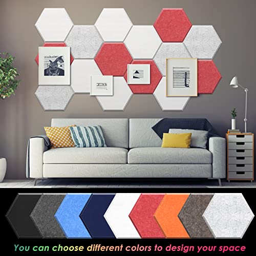 ZHERMAO 12 Pack Hexagon Acoustic Panels Beveled Edge Sound Proof Foam Panels, 14"X13"X 0.4" High Density Sound Proofing Padding for Wall, Acoustic Treatment for Studio, Home and Office (Grey Red)
