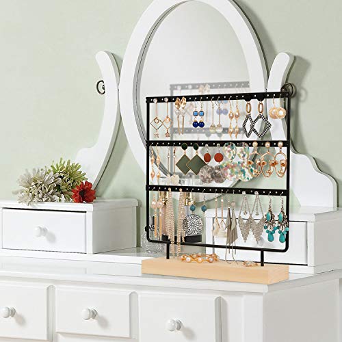 Simple Ear Stud Holder 4-Tier Earring Stand Earring Holder Decorative Jewelry Holder Display Rack Jewelry Stand Display with Wooden Tray/Dish for Earrings Necklace Bracelet Rings 69 Holes