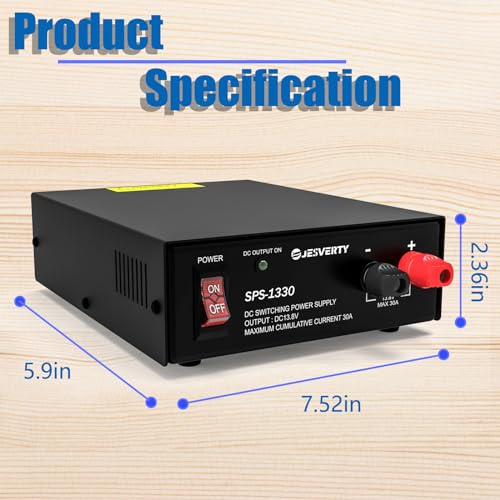 Universal Compact Bench Power Supply- 30 Amp Regulated Home Lab Benchtop AC-to-DC Converter 13.8 Volt, Cooling Fan, Screw Type Terminals - Jesverty SPS-1330