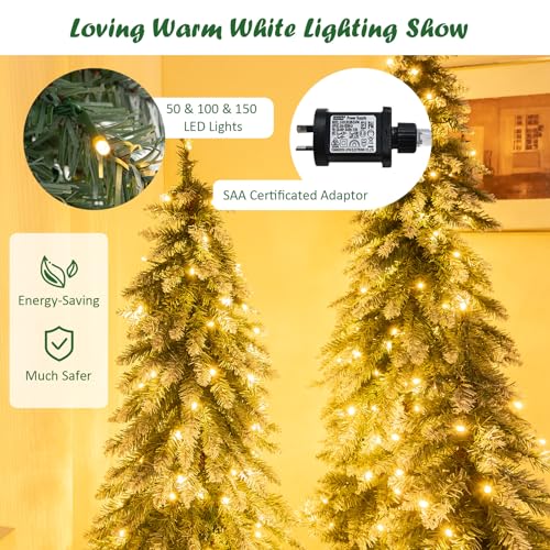 Costway Snowy Christmas Tree Set of 3, Artificial Xmas Tree with 129/231/ 369 PVC Branch Tips & 50/100/ 150 Warm White LED Lights, Pre-Lit Slim Xmas Decoration Tree, 90cm/120cm/150cm