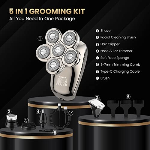 Electric Razor for Bald Men, Bald Head Shavers for Men 5-in-1 Multifunctional 6D Electric Head Shaver Waterproof Recharageable Rotary Shaver Grooming Kit