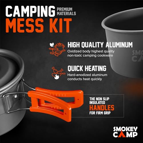 10 Pcs Smokey Camp Backpacking Cooking Set with Stove & Adapter - 3 Pots Large Medium Small 1 Large Pan 1 Stove 1 Adpater, Compact Non-Stick Camping Cookware Mess Kit, All in One Hiking Picnic Outdoor