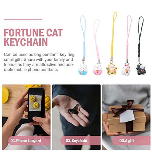 TOYANDONA Japanese Maneki Neko Lucky Cat Mobile Phone Pendant Copper Waving Cat Jingle Bell Mobile Phone Jewellery for DIY Key Chain Car Bag Purse Backpack Lucky Pendant Decoration Pack of 5