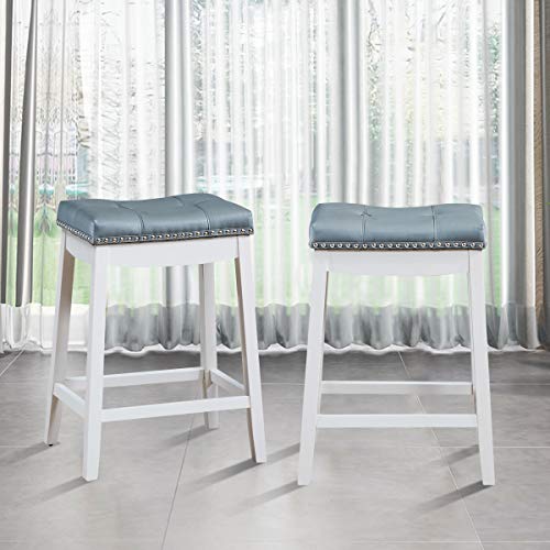 Giantex Set of 2 Backless Bar Stools, Kitchen Counter Bar Stools with Exquisite Nailhead and Solid Rubber Wood Legs, Saddle Bar Stools for Dining Room Living Room, 64cm Height, White with Grey Cushion