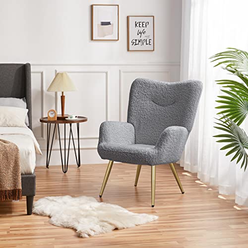 Yaheetech Boucle Fabric Accent Chair, Sherpa Furry Casual Vanity Chair with High Back and Soft Padded, Modern Fuzzy Sherpa Chair, Cozy Armchair for Living Room Bedroom Office, Gray