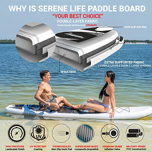SereneLife Inflatable Stand Up Paddle Board - 10’ Ft. Standup Sup Paddle Board W/ Manual Air Pump, Safety Leash, Paddleboard Repair Kit, Storage / Carry Bag - Sup Paddle Board Inflatable - SLSUPB06