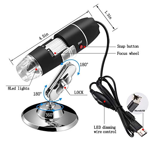 Jiusion 40 to 1000x Magnification Endoscope, 8 LED USB 2.0 Digital Microscope, Mini Camera with OTG Adapter and Metal Stand, Compatible with Mac Windows 7 8 10 11 Android Linux Chrome