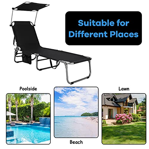 Giantex Outdoor Sun Lounger Bed, Folding Lounge Chaise Reclining Deck Chair, 5 Adjustable Back Positions, 360° Rotatable Canopy, Side Pocket, Portable Camping Beach Recliner for Sunbathing (Black)