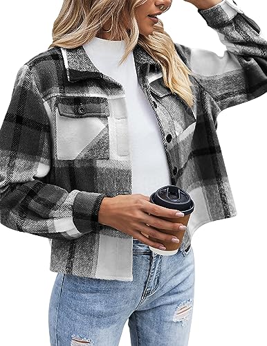 Zeagoo Women's Fashion Cropped Shacket Jacket Wool Blend Plaid Button Down Shirt Fall Christmas Jackets Coat