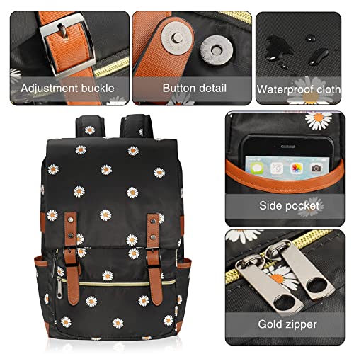 Daisy School Backpack for Girls Women, 15.6 inch Laptop Backpacks Bookbags for College Travel (Black)