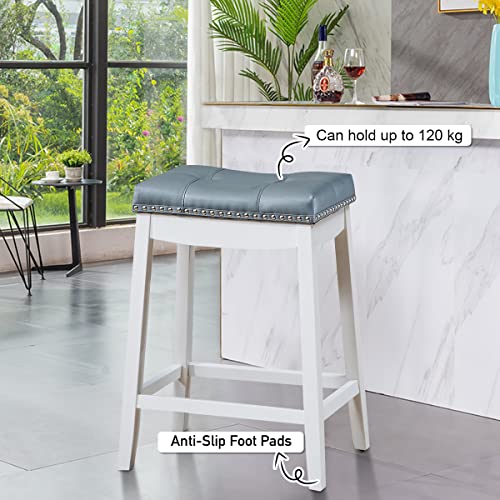 Giantex Set of 2 Backless Bar Stools, Kitchen Counter Bar Stools with Exquisite Nailhead and Solid Rubber Wood Legs, Saddle Bar Stools for Dining Room Living Room, 64cm Height, White with Grey Cushion