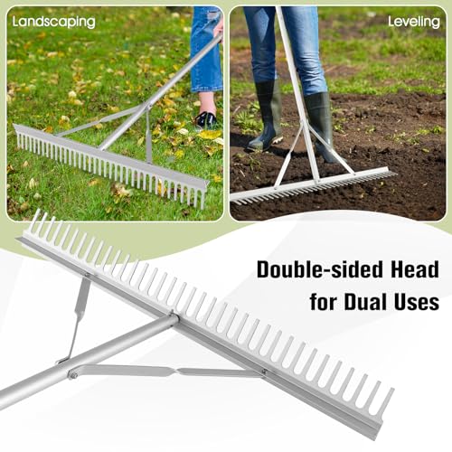 Goplus Landscape Rake 36 Inch, Aluminum Rake Head w/36 Tines and 68" Long Non-slip Handle, Yard Rake Tool for Loosening & Leveling Soil, Landscaping Rake Beach Garden Pond Lawn Care, Collecting Leaves