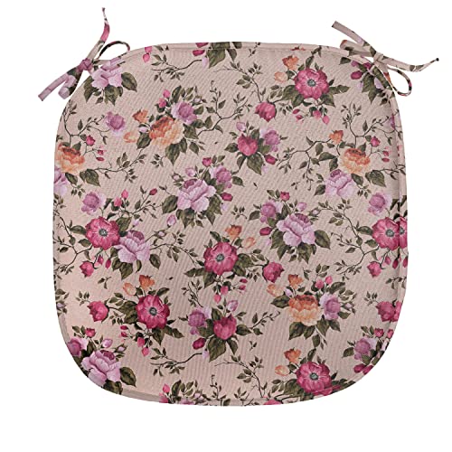 Ambesonne Flower Chair Seating Cushion Set of 6, Floral Pattern with Roses Twig Warm Colors Flower Arrangement Bouquets, Seat Pads for Office with Anti-Slip Backing, 16"x16", Green Pink