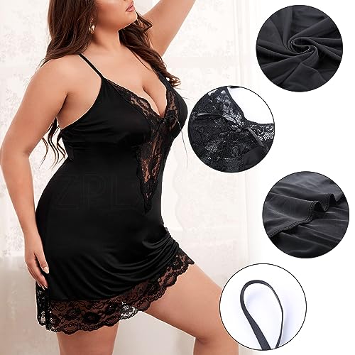 ZPLxi Lingerie Plus Size Lace V-Neck Babydoll Halter Chemise Mini Teddy Nightdress Backless Loose Satin Pajamas Mesh Sleepwear Dress for Women Girls Black