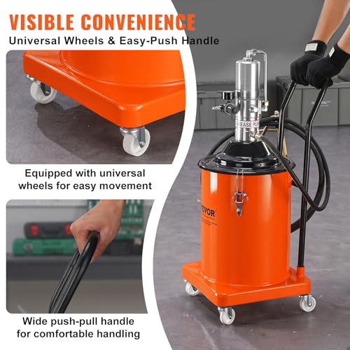 VEVOR Grease Pump, 20L Capacity, Air Operated Grease Pump with 3.88 m High Pressure Hose and Grease Gun, Pneumatic Grease Bucket Pump with Wheels, Portable Lubrication Grease Pump 50:1 Pressure Ratio