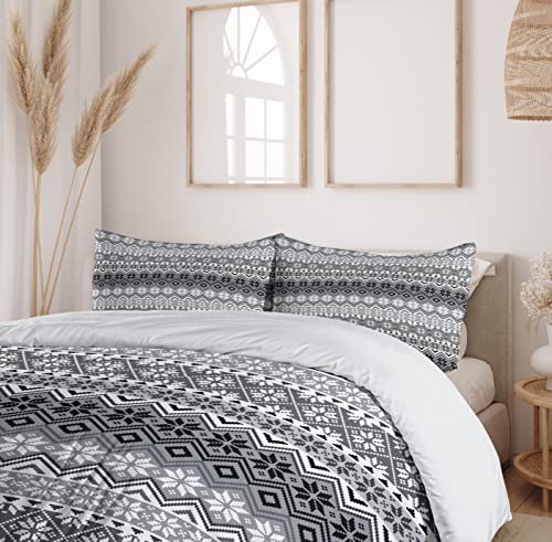 Ambesonne Grey Duvet Cover Set Twin Size, Nordic Snowflake Knit Patterns Scandinavian Motifs Traditional and Modern Print, Decorative 2 Piece Bedding Set with 1 Pillow Sham, Gray White Black