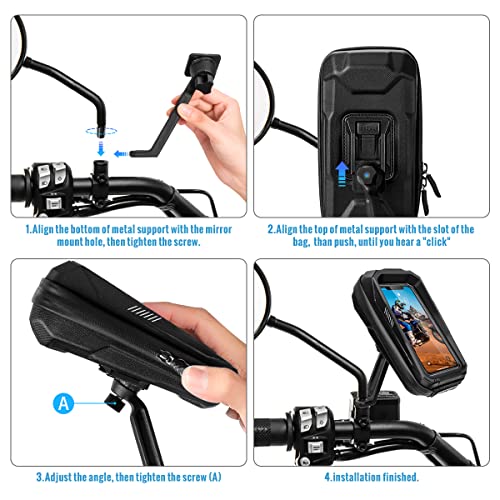 LUROON Motorcycle Mount Waterproof Motorcycle Mobile Phone Holder 360 Rotation Anti-Vibration Stable Mobile Phone Holder Motorcycle Touch ID and Face ID Smartphone Holder Motorcycle Up to 6.7 Inches