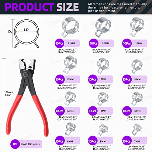 Swpeet 121Pcs 7-22mm Dacromet Spring Band Hose Clamps with CV Boot Hose Clip Pliers Assortment Kit, Silicone Vacuum Hose Action Pipe Clamp Low Pressure Air Clip Clamp for Hose Clamps