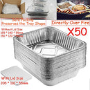 50pcs Foil Trays with Lid, 20.5x11x5.5cm Aluminium Foil Pan Disposable Food Containers Takeaway Box BBQ Oven Baking for Cooking, Heating, Storing(with Lid, 205 * 110 * 55mm /670ml)