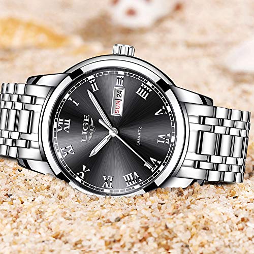 LIGE Watch for Men Fashion Elegant Analog Quartz Watch for Male Casual Waterproof Silver Stainless Steel Calendar Luxury Business Gents Dress Wristwatch Black Round Dial