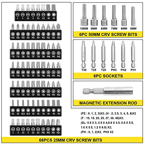 TOPEX 82 Piece Electric Screwdriver Set 4v Max Cordless Screwdriver Set CRV Screw Bits