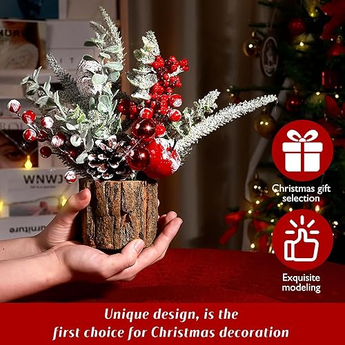 Small Christmas Tree Tabletop Artificial Mini Christmas Tree Decorations with Holiday Ornaments Red Berry Pine Cone Greenery for Home Indoor Fireplace Mantel Xmas Decor (Tree Stump-Red)