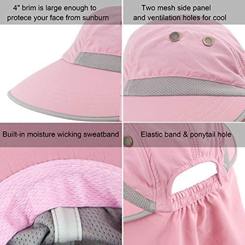 HICOSKY Womens Outdoor Sun Hat UV Protection Wide Brim Mesh Foldable Ponytail Summer Beach Fishing Hats Safari Cap with Neck Flap Pink