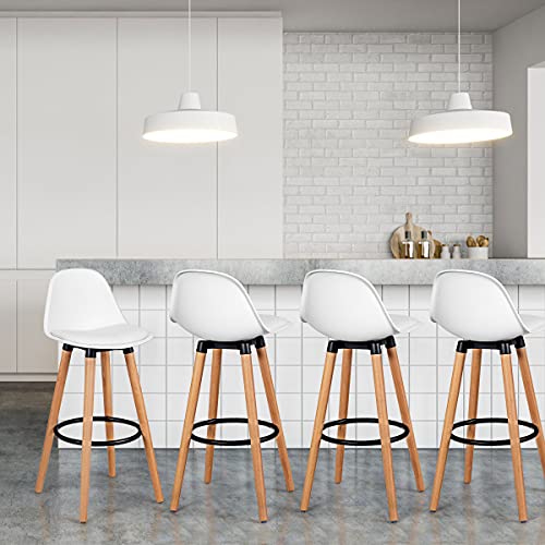 2Pcs Bar Stools, Pub High Barstool Dinning Chair w/ Round Metal Footrest, Beech Wood Legs, Cushioned Seat & Curved Backrest, PU Leather Bar Chair, Counter Height Chair for Home, Bistro, Dining Hall, Kitchen (White)