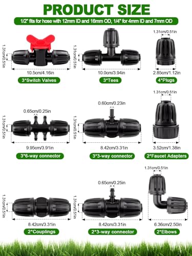 24 Pcs 1/2 inch Tubing Irrigation Fittings Kit, Kalolary Barbed Locked Connectors for Garden Lawn Drip Irrigation System(Switch Valves, T Connectors, Tees, Elbows, Ends, 1/2" to 1/4" tubing Reducers)